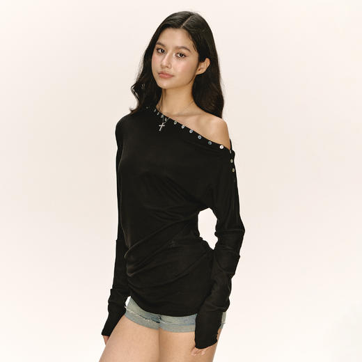 Ariseism 美式复古设计感黑色一字肩长袖t恤女秋季新款修身上衣 商品图3