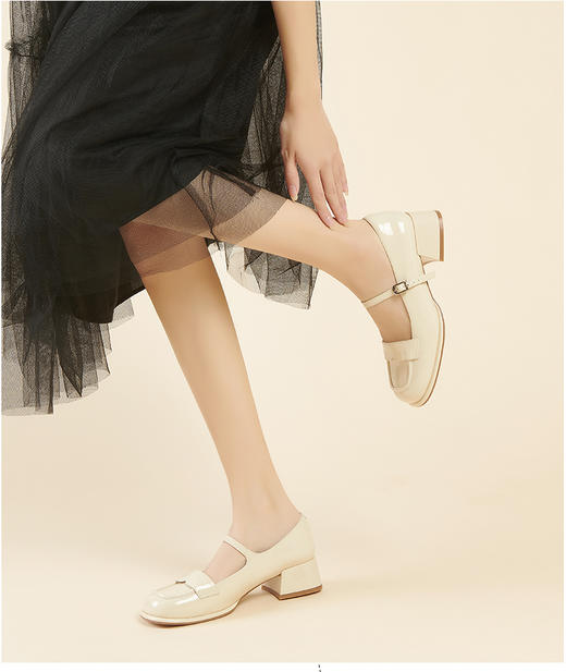 百田森PYQ23057牛漆皮浅口女单鞋真皮复古玛丽珍鞋甜美一字扣带 商品图0