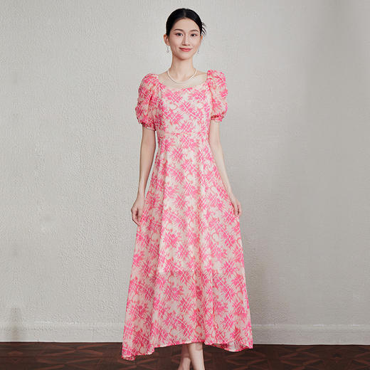 「自」全新升级【铂金会员358/天猫479/差价121】(40244)洛诗琳法式气质印花连衣裙2025夏季收腰方领泡泡袖碎花长裙40244 商品图3