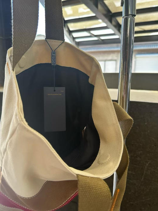 原单正品 Polo 拉夫劳伦全纯棉帆布手提包。简约校园风，休闲大容量，轻便女款。2025年最新款条纹拼色刺绣小马帆布包来袭。 商品图11
