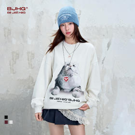 BJHG不计后果 小猫长袖t恤男款秋季美式宽松休闲暖皮恒温情侣卫衣