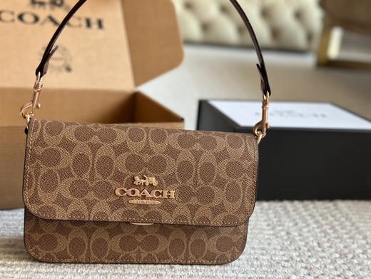 COACH蔻驰 Brynn 23 品牌徽标推锁开合 人造革拼牛剖层革 斜挎单肩包 中号 女款 棕黄色拼棕色（CB） 商品图0