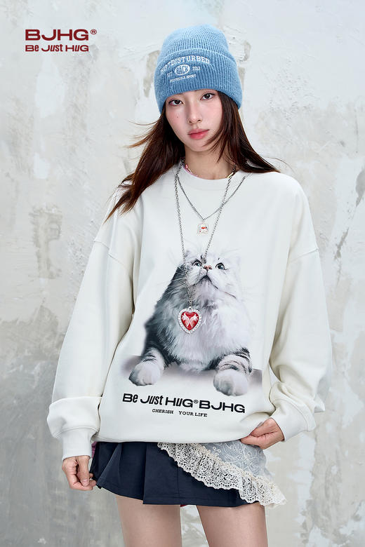 BJHG不计后果 小猫长袖t恤男款秋季美式宽松休闲暖皮恒温情侣卫衣 商品图5