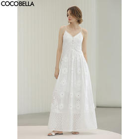 COCOBELLA棉花糖风植绣花朵镂空蕾丝拼接吊带裙连衣裙FR3228