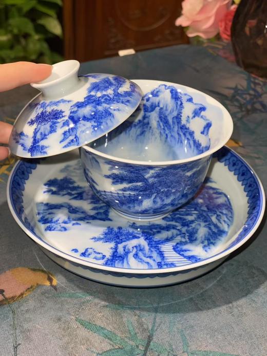 青花山水内外满绘盖碗壶承套组 商品图0