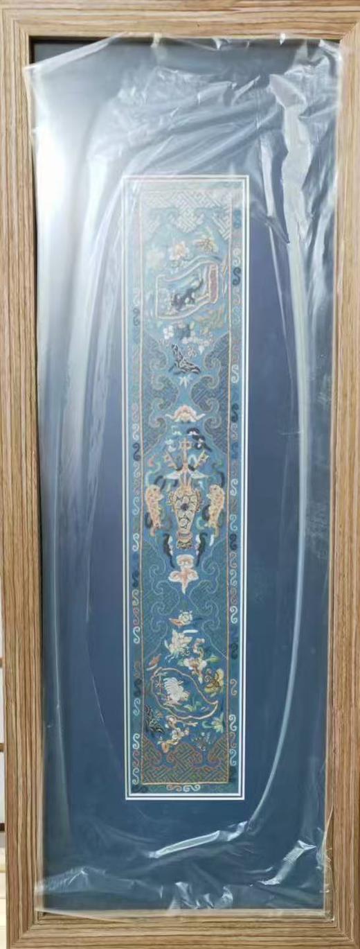 湖蓝地打籽绣如意平升三级绣片 商品图0