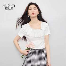 【07/30新品6.5折】熙世界荷叶边斜领白色t恤女短袖2025夏季新款时尚设计感正肩上衣