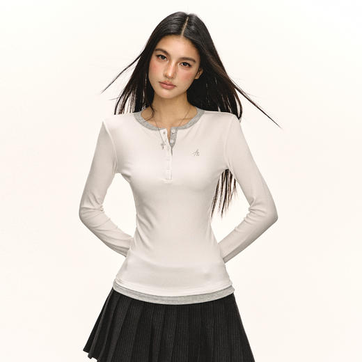 Ariseism 美式复古设计感亨利领假两件长袖t恤女秋季新款修身上衣 商品图2