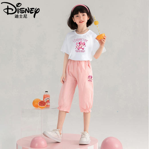 迪士尼女童套装夏季2025新款儿童短袖短裤两件套女大童七分裤薄款 商品图0