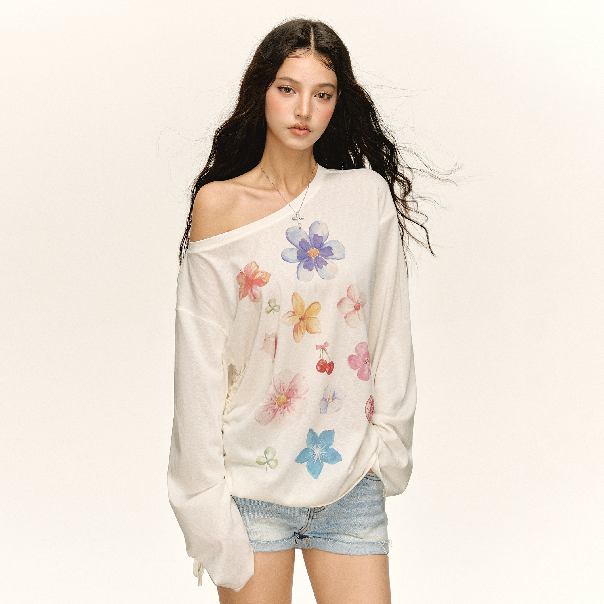 Ariseism 美式复古设计感宽松斜肩罩衫长袖t恤女秋季新款修身上衣