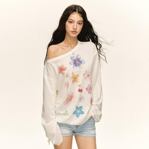 Ariseism 美式复古设计感宽松斜肩罩衫长袖t恤女秋季新款修身上衣 商品图0