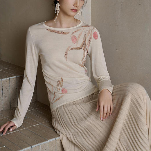 【林栖设计小店】（现货）慕斯绵羊毛拓印植物印花皮肤衣2025早秋新款t恤长袖打底女1953056 商品图1