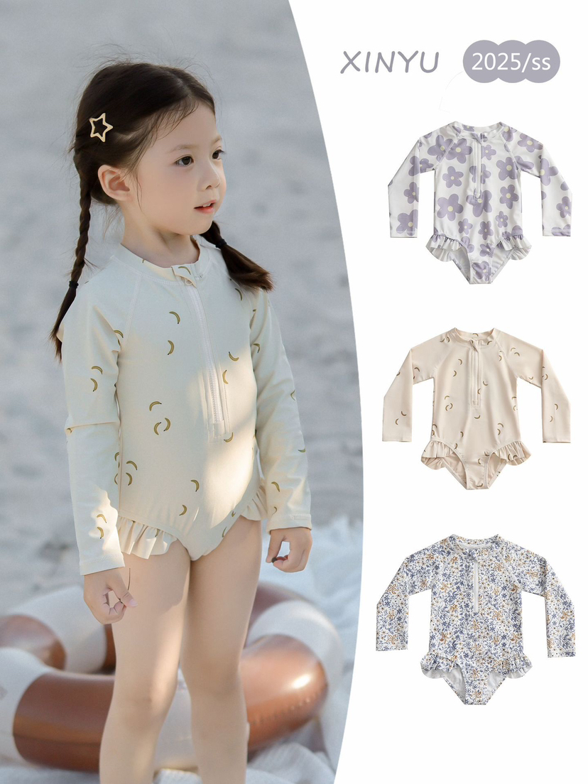 女童宝宝可爱连体泳衣女孩ins风碎花泳装儿童长袖抗氯防晒游泳衣