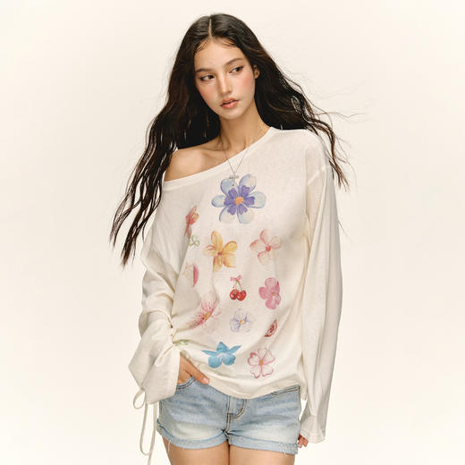 Ariseism 美式复古设计感宽松斜肩罩衫长袖t恤女秋季新款修身上衣 商品图1