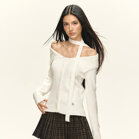 Ariseism美式复古设计感麻花一字肩挂脖针织衫女秋季新款修身上衣