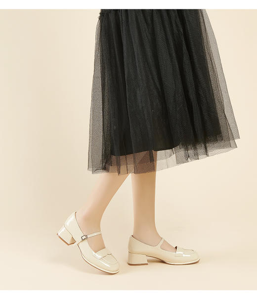 百田森PYQ23057牛漆皮浅口女单鞋真皮复古玛丽珍鞋甜美一字扣带 商品图1