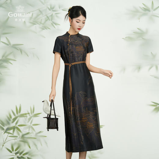 【重磅香云纱】【十里长亭】中式收腰旗袍100%真丝撞色重工包边连衣裙ED2E458 商品图1