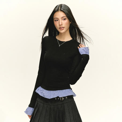 Ariseism 美式复古设计感拼接假两件长袖t恤女秋季新款修身上衣 商品图1