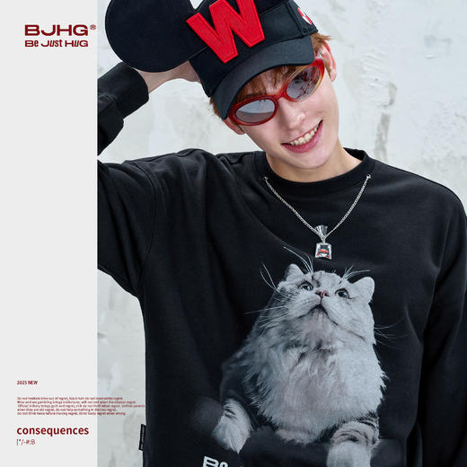 BJHG不计后果 小猫长袖t恤男款秋季美式宽松休闲暖皮恒温情侣卫衣 商品图1