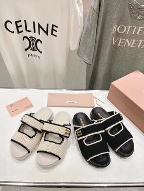 缪缪 两带魔术贴!!编织 厚底拖鞋（HC）