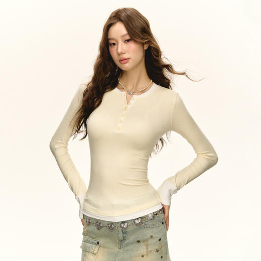 Ariseism 美式复古设计感亨利领假两件长袖t恤女秋季新款修身上衣 商品图3
