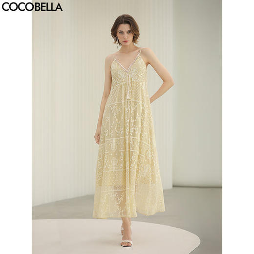 COCOBELLA万针刺绣炒色流苏仙女连衣裙蕾丝拼接吊带裙FR0079 商品图0