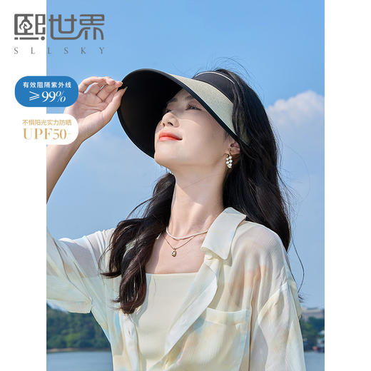 熙世界防紫外线遮阳防晒帽空顶帽子女夏季大檐空顶黑胶太阳帽草帽 商品图0
