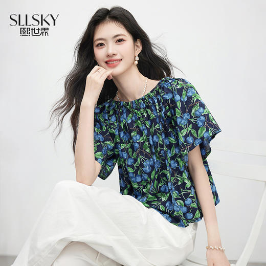 【周四狂欢价】熙世界纯棉蓝莓印花衬衫女设计感小众休闲一字肩上衣2025夏日新款 商品图0