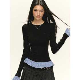 Ariseism 美式复古设计感拼接假两件长袖t恤女秋季新款修身上衣