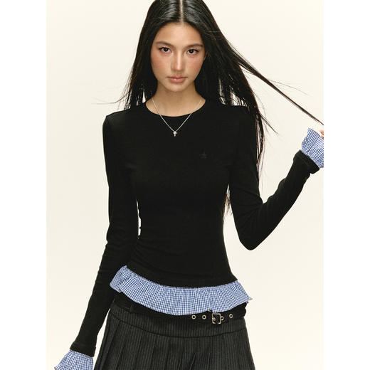 Ariseism 美式复古设计感拼接假两件长袖t恤女秋季新款修身上衣 商品图0