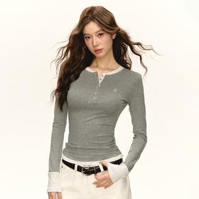 Ariseism 美式复古设计感亨利领假两件长袖t恤女秋季新款修身上衣