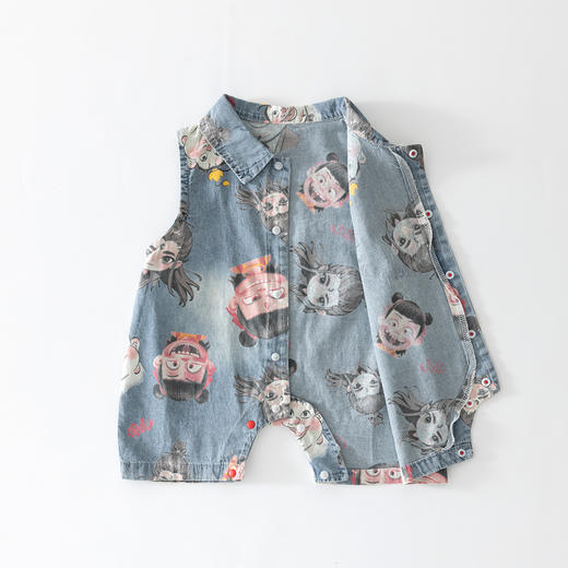 【软骨工艺，薄款牛仔·】婴儿哪吒无袖连体衣 宝宝夏季薄款纯棉牛仔哈衣 新生儿爬服 婴幼短爬-QQ 商品图1