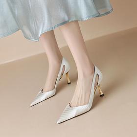 【预售5天】欧美轻奢蛇皮牛皮尖头气质高跟鞋性感浅口镂空电镀金属细跟单鞋女DB&M5605