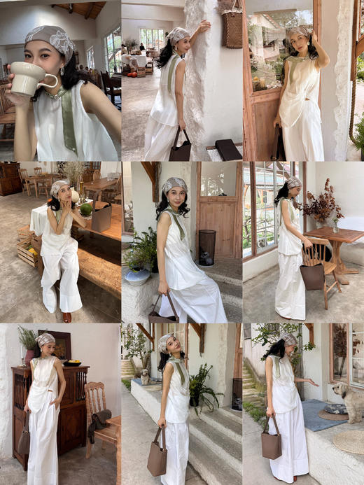 HIDEMI度假系列褶皱花苞堆叠感圆领前后两穿式背心上衣 黑色/白色 商品图1