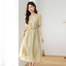 时尚V领修身系带收腰，透气飘逸天丝短袖连衣裙HR-ZYQ2579