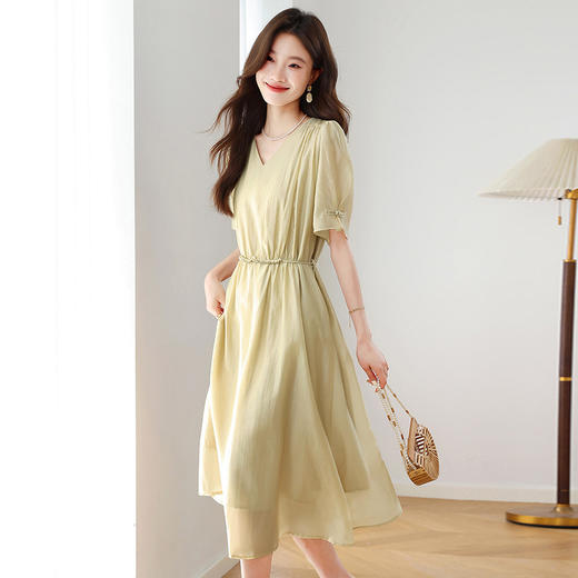 时尚V领修身系带收腰，透气飘逸天丝短袖连衣裙HR-ZYQ2579 商品图1
