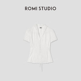 ROMI STUDIO“法式复古”绣花镂空纯棉收腰翻领短袖衬衫 RWCSSL4447【发货时间25-30天】