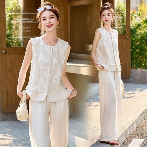 亚麻蕾丝刺绣马甲+松紧腰休闲裤套装SNX3115 商品图3