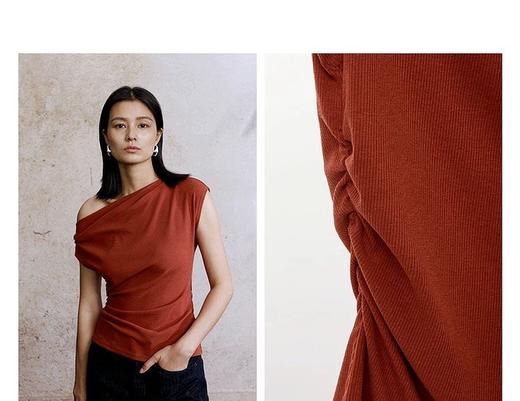 【高品质私服】【ZZ斜肩石榴花红T恤】舒弹坑条针织面料，展现优雅的身材比例，提亮肤色G1468-CC【无标出货 介意慎拍】 商品图6