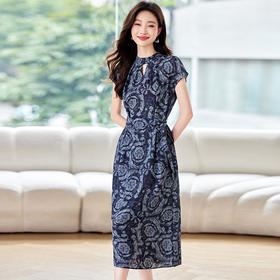 气质碎花连衣裙，翻领收腰显瘦妈妈印花裙子HR-LMYS8847A