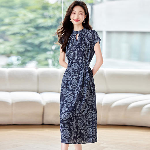 气质碎花连衣裙，翻领收腰显瘦妈妈印花裙子HR-LMYS8847A 商品图0