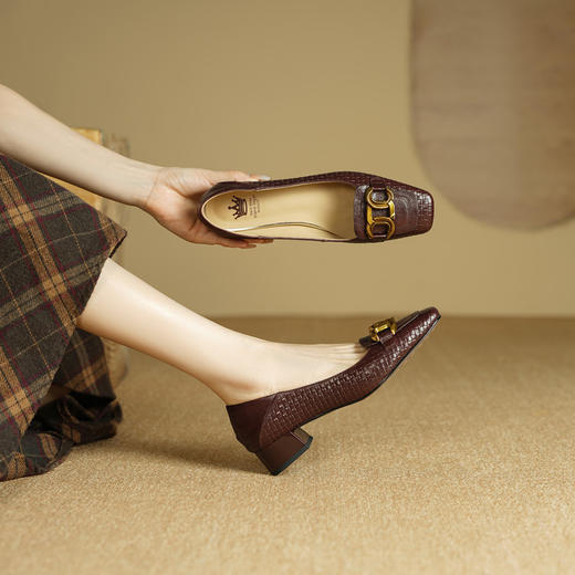 【预售5天】秋季新款方头单鞋女浅口中跟鞋粗跟金属方扣复古棕色XKDY&X5660 商品图0