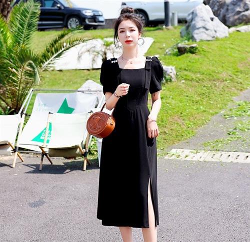 时尚收腰显瘦，法式开叉方领感气质黑色连衣裙HR-875 商品图1