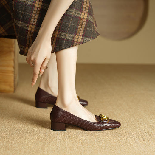 【预售5天】秋季新款方头单鞋女浅口中跟鞋粗跟金属方扣复古棕色XKDY&X5660 商品图1