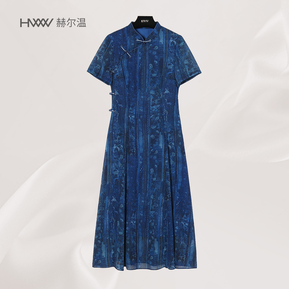 【赫尔温】赫尔温设计款靛蓝纹时尚收腰显瘦连衣裙DHZCY50950