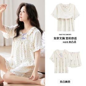 【夏季薄款短袖短裤睡衣女士】卡通可爱云朵棉带胸垫家居服套装可外穿