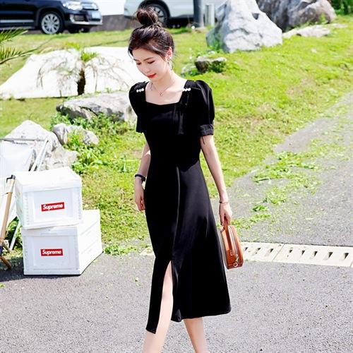 时尚收腰显瘦，法式开叉方领感气质黑色连衣裙HR-875 商品图2
