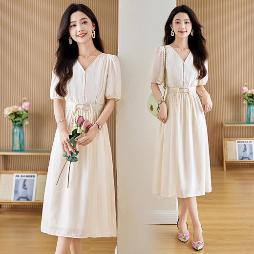 复古印花V领连衣裙，泡泡袖风盘扣收腰修身长裙子 HR-LDB9928 商品图2