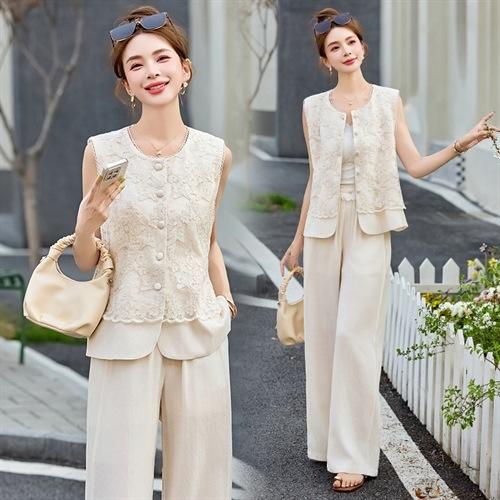 亚麻蕾丝刺绣马甲+松紧腰休闲裤套装SNX3115 商品图1