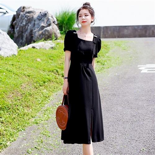 时尚收腰显瘦，法式开叉方领感气质黑色连衣裙HR-875 商品图3